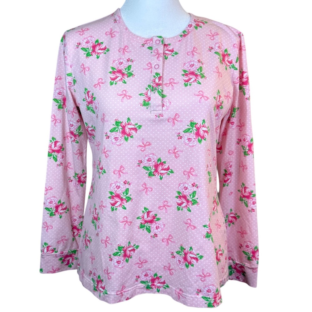 Classic Whimsy Womens Pink Floral Bows Polka Dot Long Sleeve Top Small Coquette